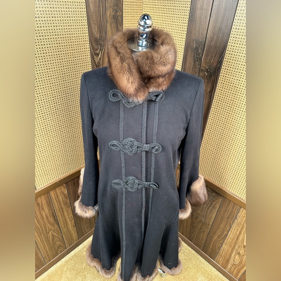Carlo Tivioli Made in Italy Black Cashmere Wool & Russian Sable Trim Fur Coat - Picture 2 of 11